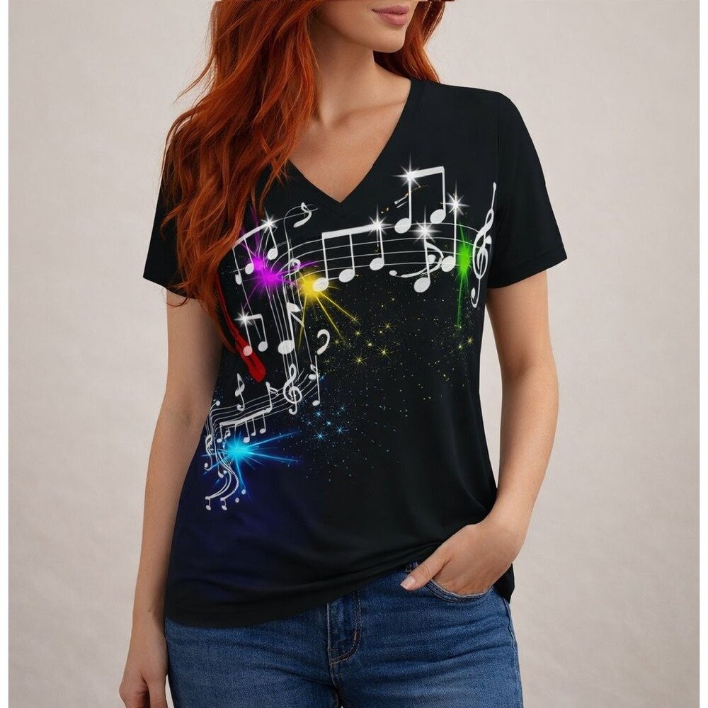 Music Note Graphic Top Size M Black Short Sleeve Performance Tee V Neck